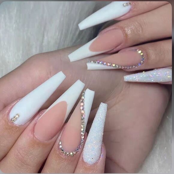 2/$15! Full Coverage Ballerina Extra Long C Curve Fake White Opaque Nails - Picture 1 of 8